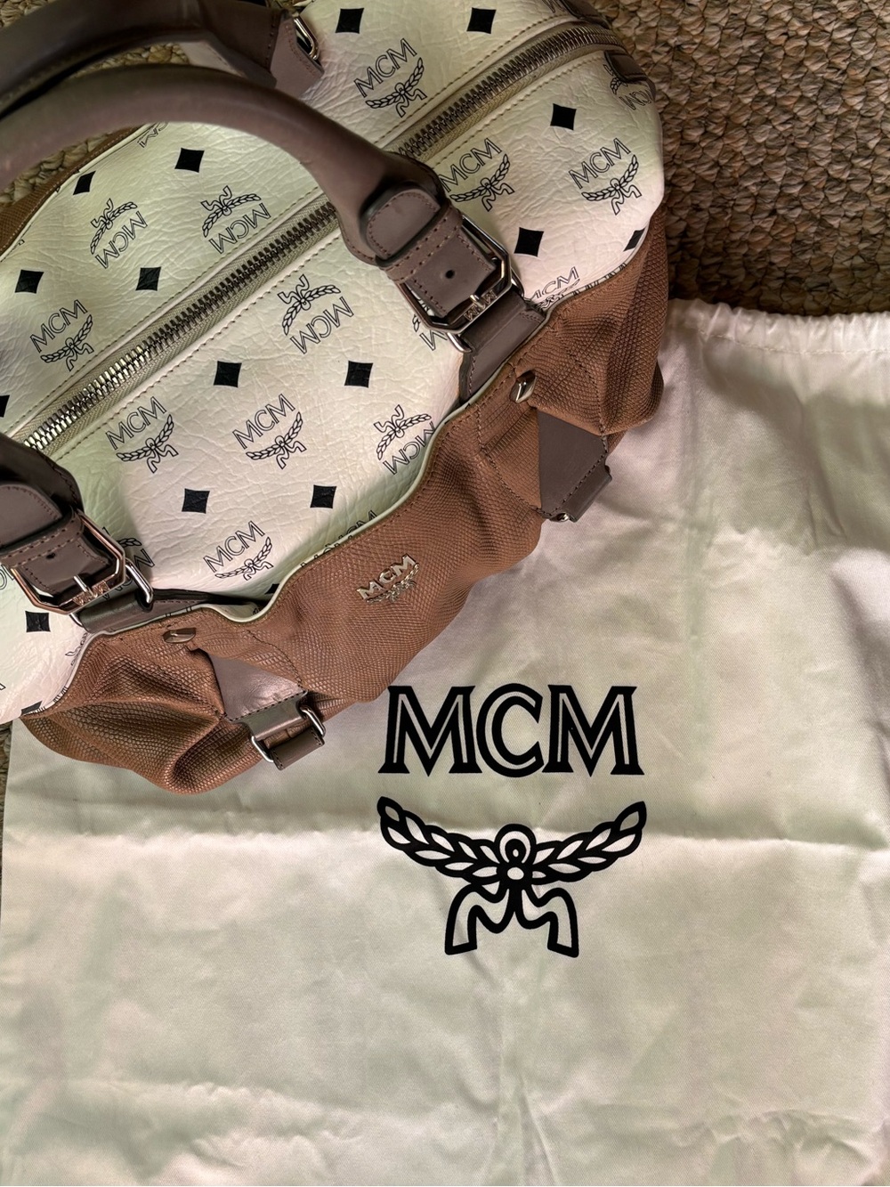 MCM Brown and White Logo extra large vintage Satchel Bag